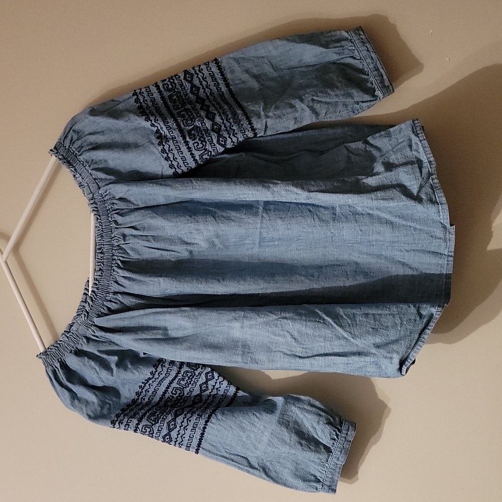Gap Chambray Embroidered Off the Shoulder Top